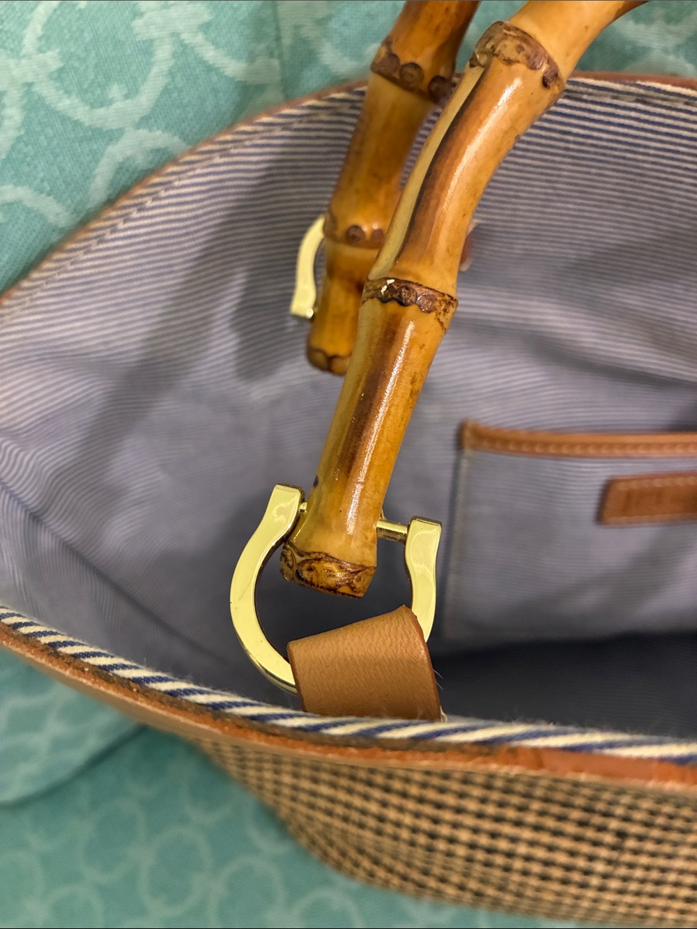 J McLaughlin Tan Woven Tote with Bamboo Handles - Designer Style - Picture 5 of 11